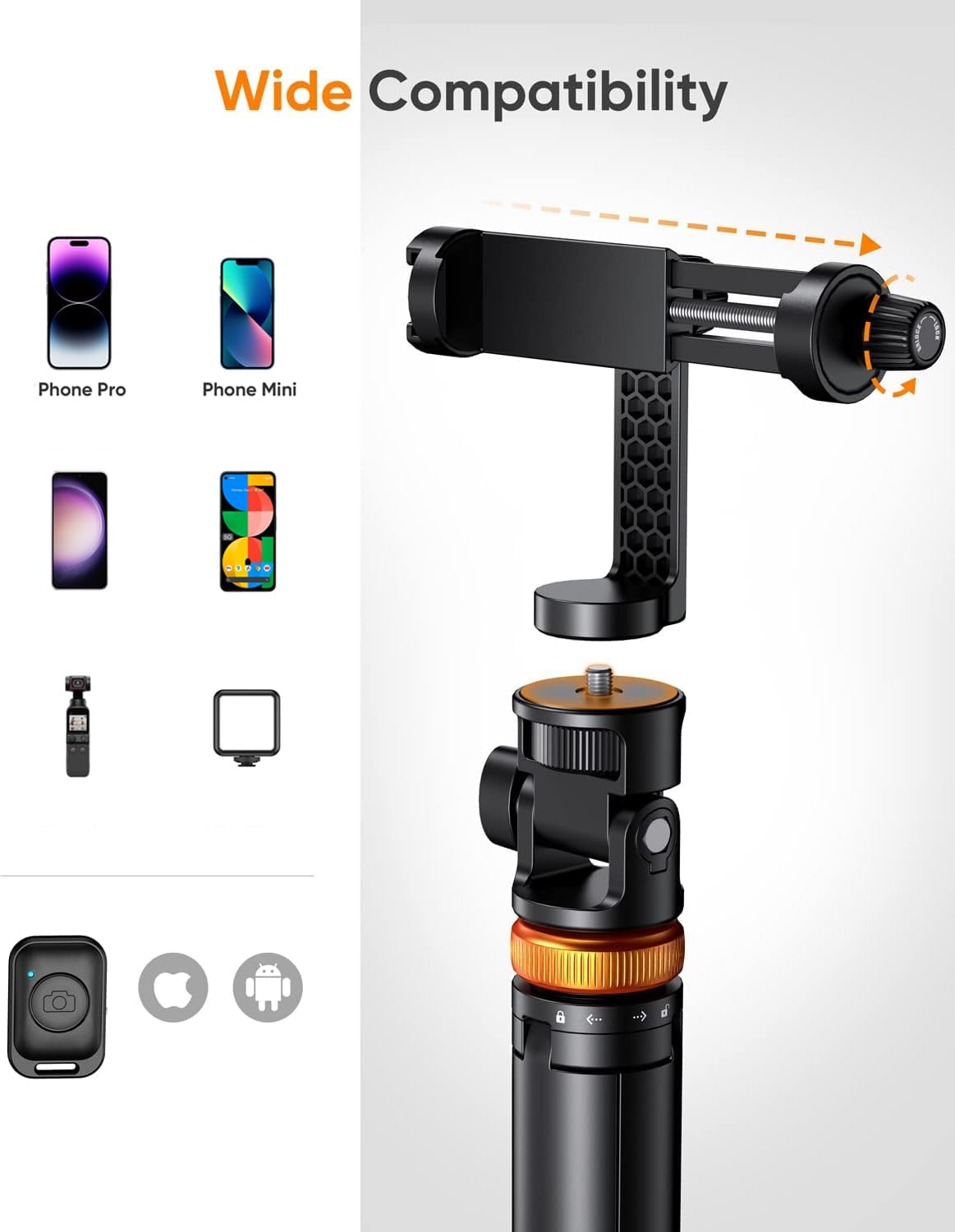 EUCOS Trípode de 62" para teléfono – con control remoto y función selfie stick